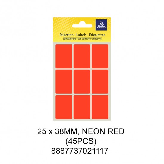 MAYSPIES MS-25X38MM COLOUR LABEL / 5 SHEETS/PKT / 45PCS / 25X38MM NEON RED